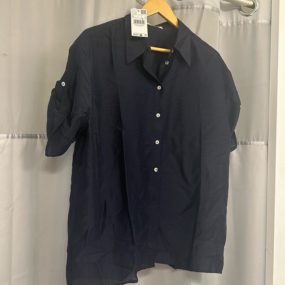 Mango - Satin Navy Short Sleeve button down - XL